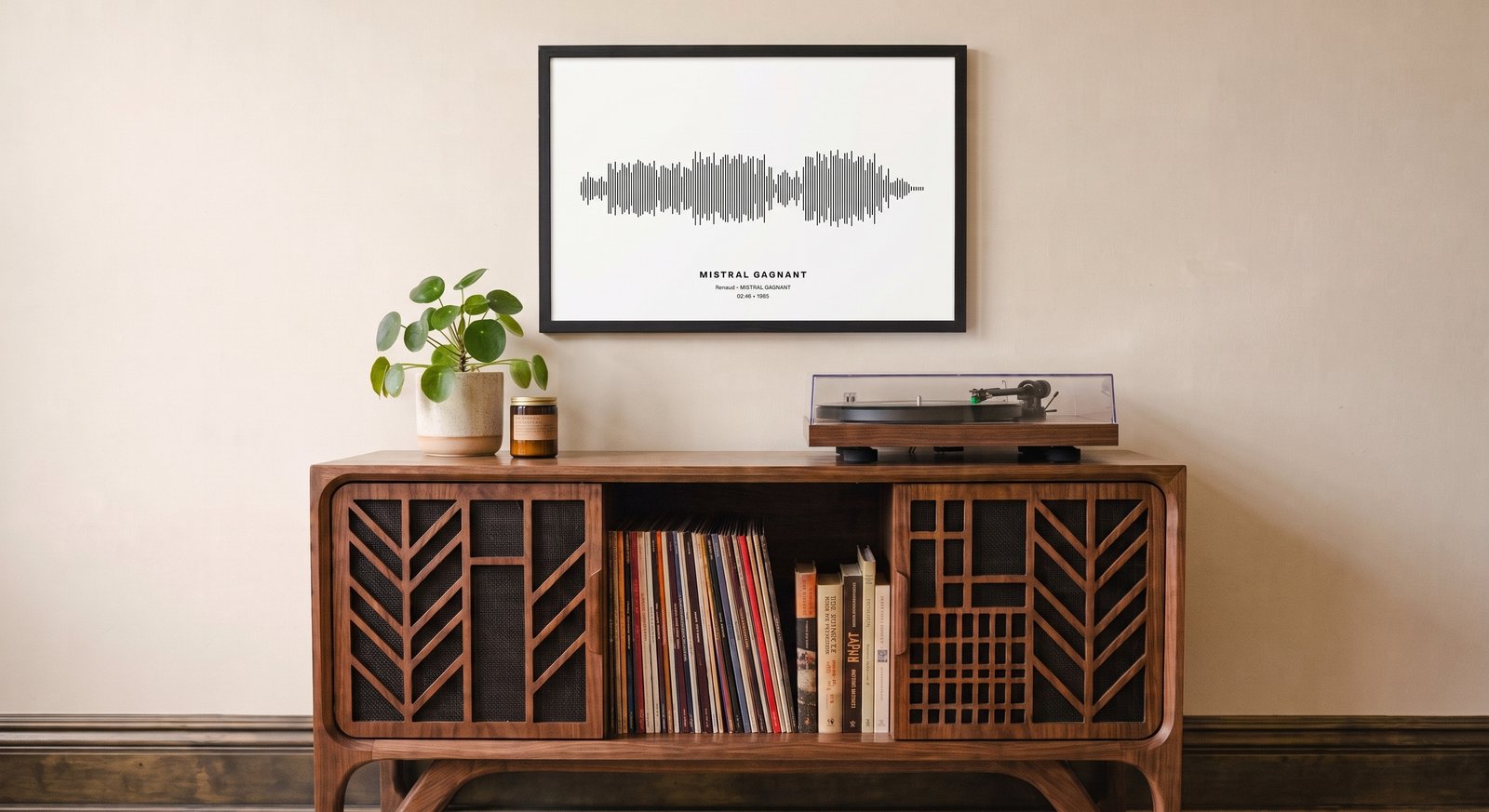 Tableau d'onde sonore dans un salon scandinave avec platine vinyle